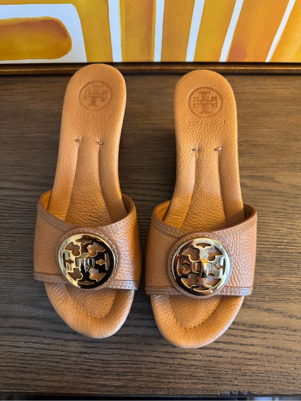 Tory Burch Tan Leather Logo Medallion Slide Wedges